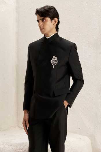 Buy_Nirmooha_Black Suiting, Microsuit, Microfiber Embroidery Core Power Bandhgala Set _Online_at_Aza_Fashions