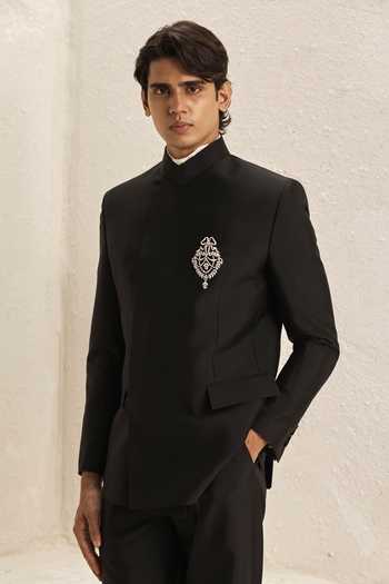 Shop_Nirmooha_Black Suiting, Microsuit, Microfiber Embroidery Core Power Bandhgala Set _Online_at_Aza_Fashions