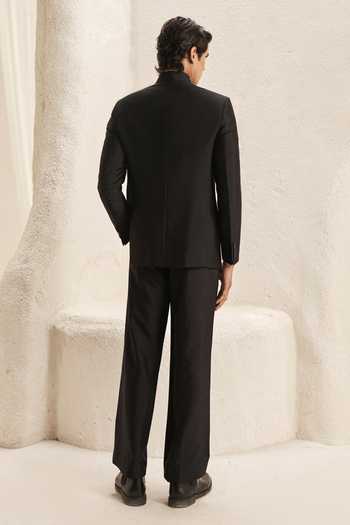 Shop_Nirmooha_Black Suiting, Microsuit, Microfiber Embroidery Core Power Bandhgala Set _at_Aza_Fashions