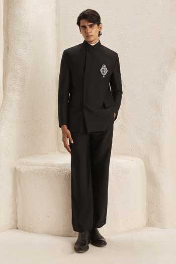 Buy_Nirmooha_Black Suiting, Microsuit, Microfiber Embroidery Core Power Bandhgala Set _at_Aza_Fashions