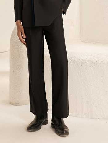 Nirmooha_Black Suiting, Microsuit Mansard Contrast Trim Blazer And Trouser Set _Online_at_Aza_Fashions