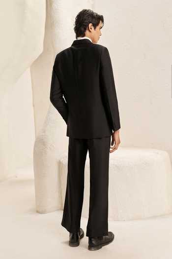 Shop_Nirmooha_Black Suiting, Microsuit Mansard Contrast Trim Blazer And Trouser Set _at_Aza_Fashions