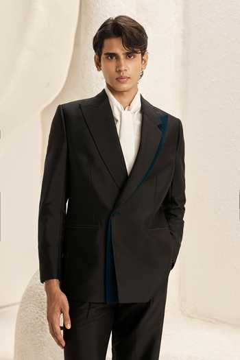 Buy_Nirmooha_Black Suiting, Microsuit Mansard Contrast Trim Blazer And Trouser Set _Online_at_Aza_Fashions