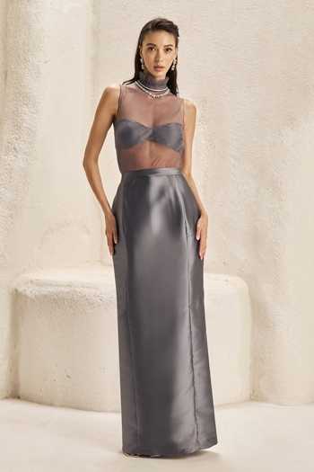 Buy_Nirmooha_Grey Silk, Taffeta High , Sweetheart Atria Sheer Bodysuit And Skirt Set _at_Aza_Fashions