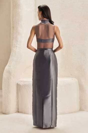 Shop_Nirmooha_Grey Silk, Taffeta High , Sweetheart Atria Sheer Bodysuit And Skirt Set _at_Aza_Fashions