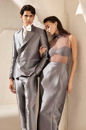 Buy_Nirmooha_Grey Silk, Taffeta High , Sweetheart Atria Sheer Bodysuit And Skirt Set _Online_at_Aza_Fashions