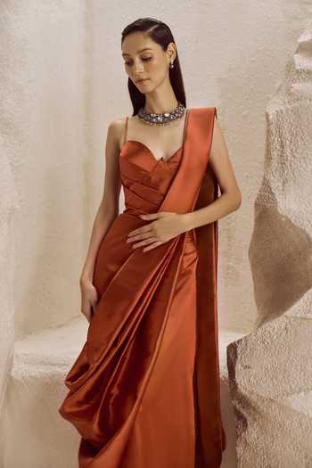 Nirmooha_Orange Silk, Taffeta Sweetheart Neck Terracotta Rust Saree Gown _Online_at_Aza_Fashions
