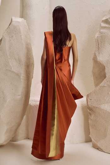 Shop_Nirmooha_Orange Silk, Taffeta Sweetheart Neck Terracotta Rust Saree Gown _at_Aza_Fashions