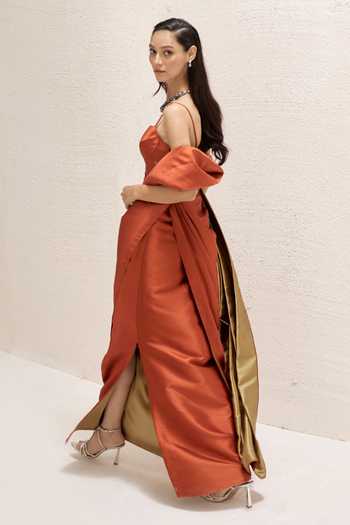 Buy_Nirmooha_Orange Silk, Taffeta Sweetheart Neck Terracotta Rust Saree Gown _Online_at_Aza_Fashions