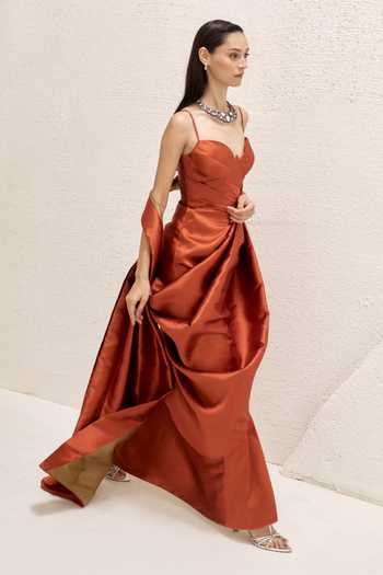 Shop_Nirmooha_Orange Silk, Taffeta Sweetheart Neck Terracotta Rust Saree Gown _Online_at_Aza_Fashions