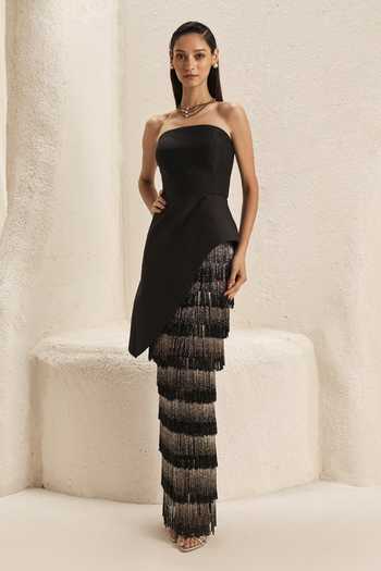 Shop_Nirmooha_Black Silk, Taffeta Bandeau Neck Cascade Corset And Ombre Fringe Skirt Set _at_Aza_Fashions