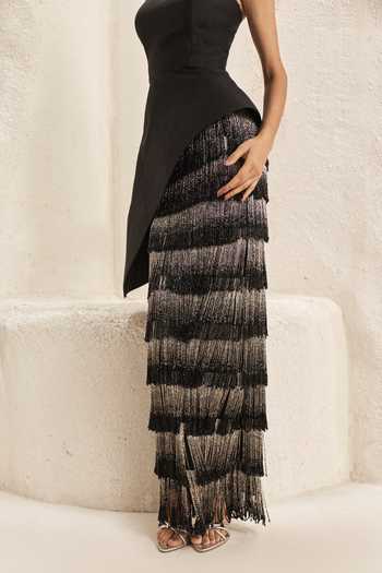Buy_Nirmooha_Black Silk, Taffeta Bandeau Neck Cascade Corset And Ombre Fringe Skirt Set _Online_at_Aza_Fashions