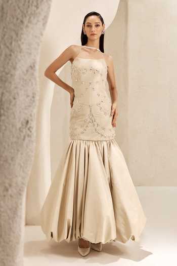 Buy_Nirmooha_Ivory Silk, Taffeta Beads, Stones, Crystals Mirage Bubble Hem Mermaid Gown _at_Aza_Fashions