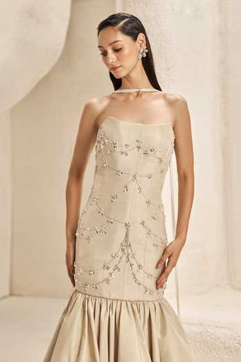 Shop_Nirmooha_Ivory Silk, Taffeta Beads, Stones, Crystals Mirage Bubble Hem Mermaid Gown _Online_at_Aza_Fashions