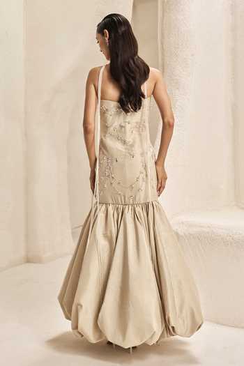 Nirmooha_Ivory Silk, Taffeta Beads, Stones, Crystals Mirage Bubble Hem Mermaid Gown _Online_at_Aza_Fashions