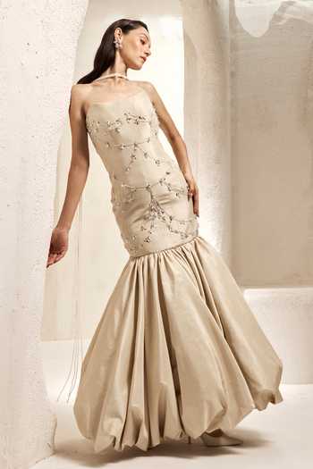 Nirmooha_Ivory Silk, Taffeta Beads, Stones, Crystals Mirage Bubble Hem Mermaid Gown _at_Aza_Fashions