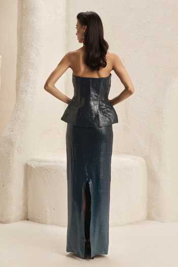 Shop_Nirmooha_Green Georgette Sequins Bandeau Neck Relic Work Corset And Ombre Skirt Set _at_Aza_Fashions