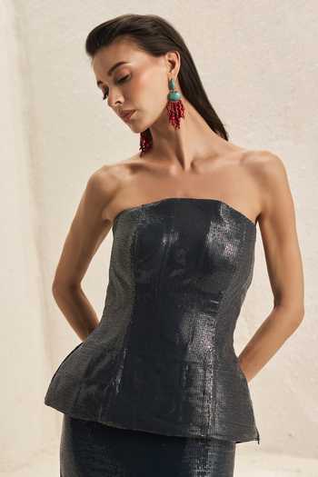 Nirmooha_Green Georgette Sequins Bandeau Neck Relic Work Corset And Ombre Skirt Set _Online_at_Aza_Fashions