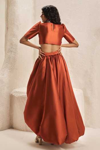 Shop_Nirmooha_Orange Silk, Taffeta Round Neck Undercroft Top And High Low Balloon Skirt Set _at_Aza_Fashions