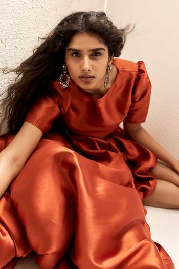 Nirmooha_Orange Silk, Taffeta Round Neck Undercroft Top And High Low Balloon Skirt Set _Online_at_Aza_Fashions