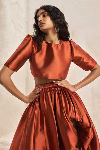 Buy_Nirmooha_Orange Silk, Taffeta Round Neck Undercroft Top And High Low Balloon Skirt Set _Online_at_Aza_Fashions