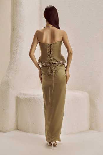 Shop_Nirmooha_Olive Green Satin, Bemberg Crystals Chandelle Corset And Draped Skirt Set _at_Aza_Fashions
