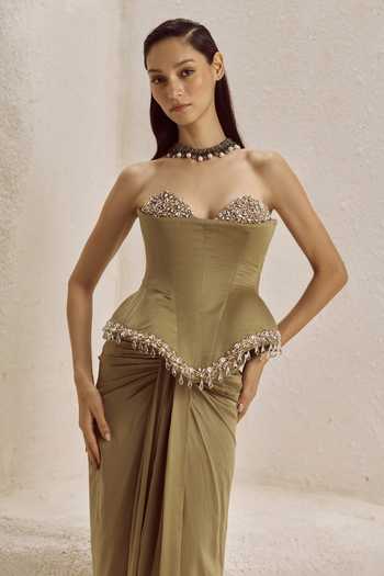 Nirmooha_Olive Green Satin, Bemberg Crystals Chandelle Corset And Draped Skirt Set _Online_at_Aza_Fashions