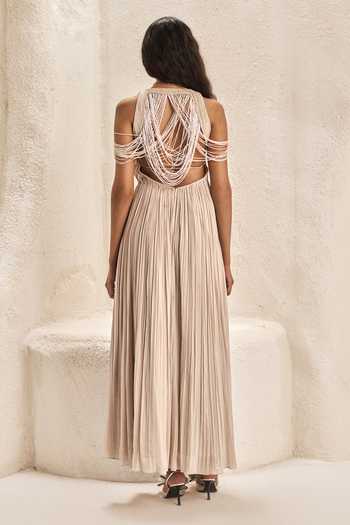 Nirmooha_Beige Georgette Beads, Tassels Plunge Neck Cressida Ruched Gown _Online_at_Aza_Fashions