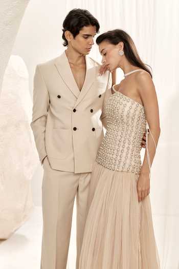 Nirmooha_Beige Organza, Tulle, Bemberg, Satin Pearls, Lattice Corset Fit And Flare Gown _Online_at_Aza_Fashions