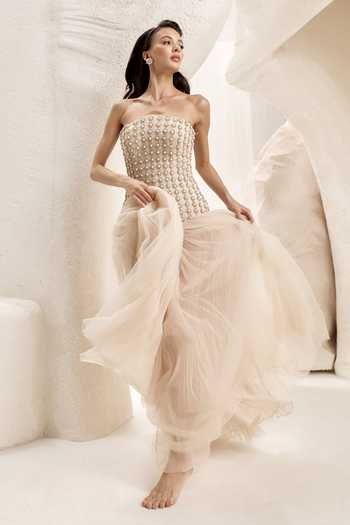 Shop_Nirmooha_Beige Organza, Tulle, Bemberg, Satin Pearls, Lattice Corset Fit And Flare Gown _Online_at_Aza_Fashions