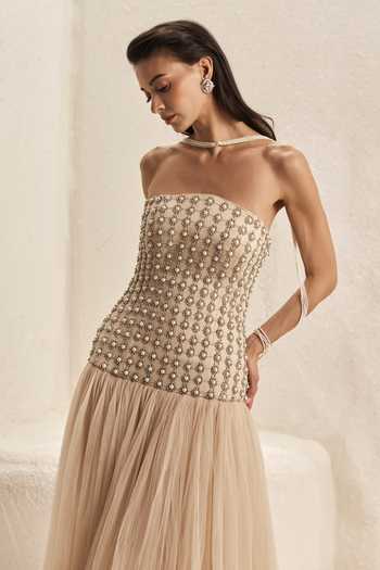 Nirmooha_Beige Organza, Tulle, Bemberg, Satin Pearls, Lattice Corset Fit And Flare Gown _at_Aza_Fashions