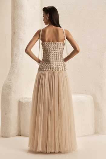Shop_Nirmooha_Beige Organza, Tulle, Bemberg, Satin Pearls, Lattice Corset Fit And Flare Gown _at_Aza_Fashions