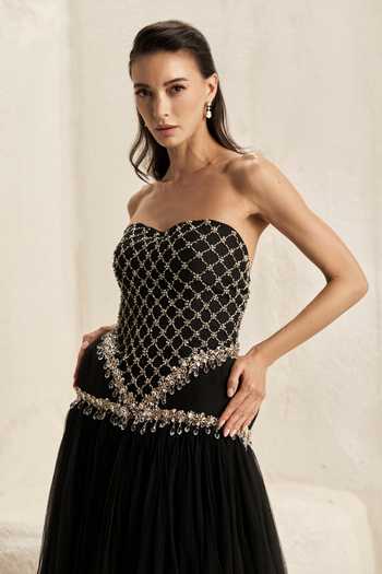 Buy_Nirmooha_Black Silk, Organza, Tulle, Taffeta Crystals Oriel Embellished Corset Gown _Online_at_Aza_Fashions