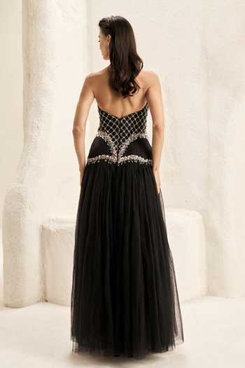 Nirmooha_Black Silk, Organza, Tulle, Taffeta Crystals Oriel Embellished Corset Gown _Online_at_Aza_Fashions