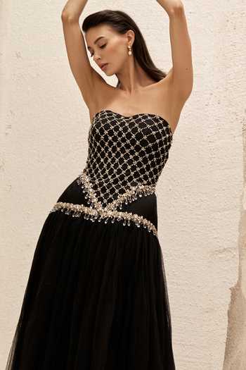 Shop_Nirmooha_Black Silk, Organza, Tulle, Taffeta Crystals Oriel Embellished Corset Gown _Online_at_Aza_Fashions