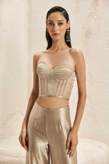 Nirmooha_Beige Organza, Satin, Crinkle Sweetheart Clerestory Metallic Corset And Pant Set _Online_at_Aza_Fashions