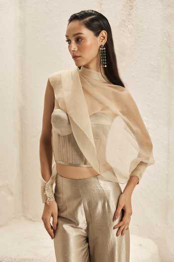 Buy_Nirmooha_Beige Organza, Satin, Crinkle Sweetheart Clerestory Metallic Corset And Pant Set _Online_at_Aza_Fashions