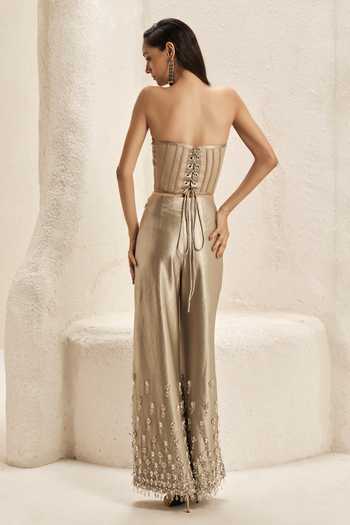 Shop_Nirmooha_Beige Organza, Satin, Crinkle Sweetheart Clerestory Metallic Corset And Pant Set _at_Aza_Fashions
