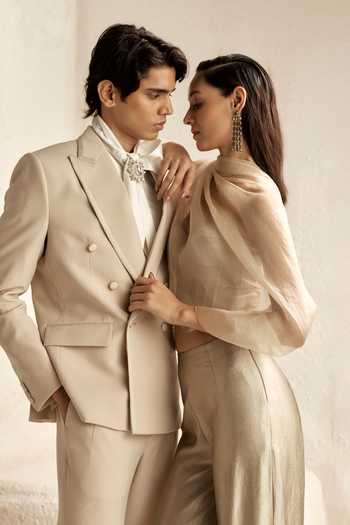 Shop_Nirmooha_Beige Organza, Satin, Crinkle Sweetheart Clerestory Metallic Corset And Pant Set _Online_at_Aza_Fashions