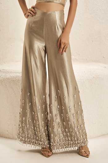 Nirmooha_Beige Organza, Satin, Crinkle Sweetheart Clerestory Metallic Corset And Pant Set _at_Aza_Fashions
