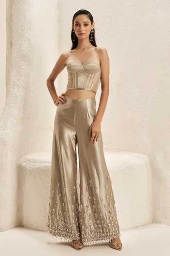 Buy_Nirmooha_Beige Organza, Satin, Crinkle Sweetheart Clerestory Metallic Corset And Pant Set 