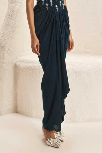 Nirmooha_Green Satin, Bemberg Crystals Sweetheart Voussoir Corset And Draped Skirt Set _Online_at_Aza_Fashions