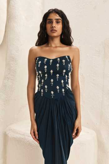 Buy_Nirmooha_Green Satin, Bemberg Crystals Sweetheart Voussoir Corset And Draped Skirt Set _Online_at_Aza_Fashions