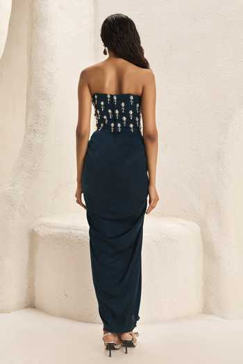 Shop_Nirmooha_Green Satin, Bemberg Crystals Sweetheart Voussoir Corset And Draped Skirt Set _at_Aza_Fashions