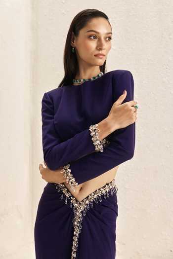 Nirmooha_Purple Crepe, Lycra High Neck Forme Crop Top And Slit Skirt Set _Online_at_Aza_Fashions