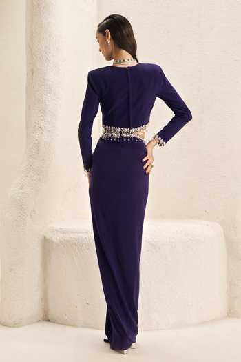 Shop_Nirmooha_Purple Crepe, Lycra High Neck Forme Crop Top And Slit Skirt Set _at_Aza_Fashions