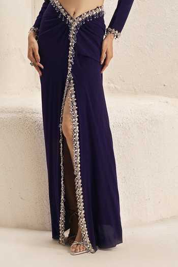 Buy_Nirmooha_Purple Crepe, Lycra High Neck Forme Crop Top And Slit Skirt Set _Online_at_Aza_Fashions