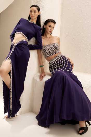 Shop_Nirmooha_Purple Crepe, Lycra High Neck Forme Crop Top And Slit Skirt Set _Online_at_Aza_Fashions