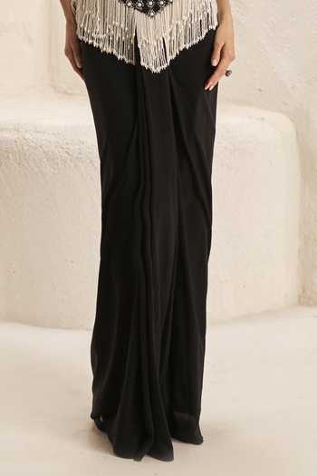 Nirmooha_Black Crepe, Net, Lycra Embroidery, Pearls, Citadel Corset And Draped Skirt Set _Online_at_Aza_Fashions
