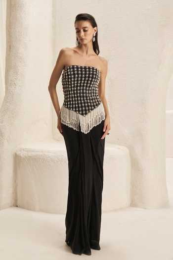 Buy_Nirmooha_Black Crepe, Net, Lycra Embroidery, Pearls, Citadel Corset And Draped Skirt Set _at_Aza_Fashions